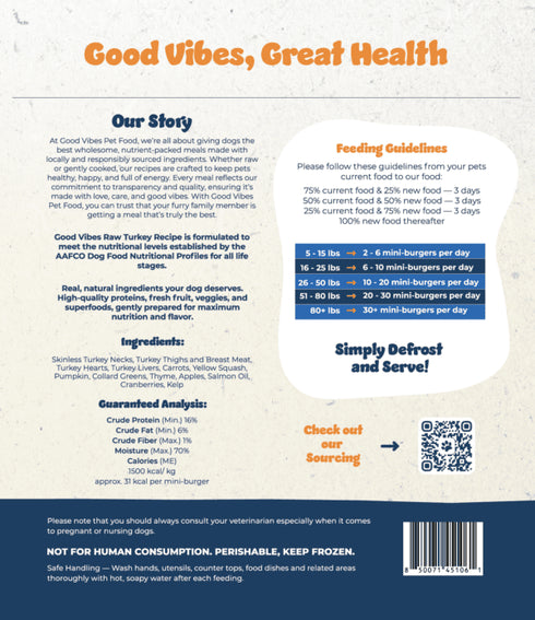 Good Vibes Dog Food Raw Turkey Info